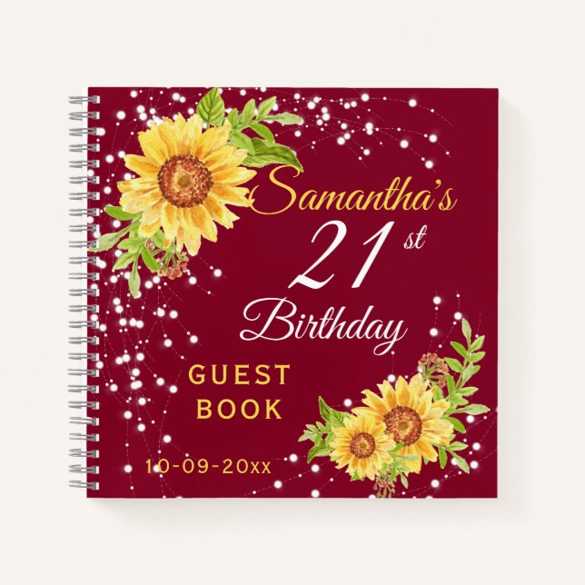 Cuaderno Invitado de Floral 21st Birthday Sunflower Burgund (Anverso)