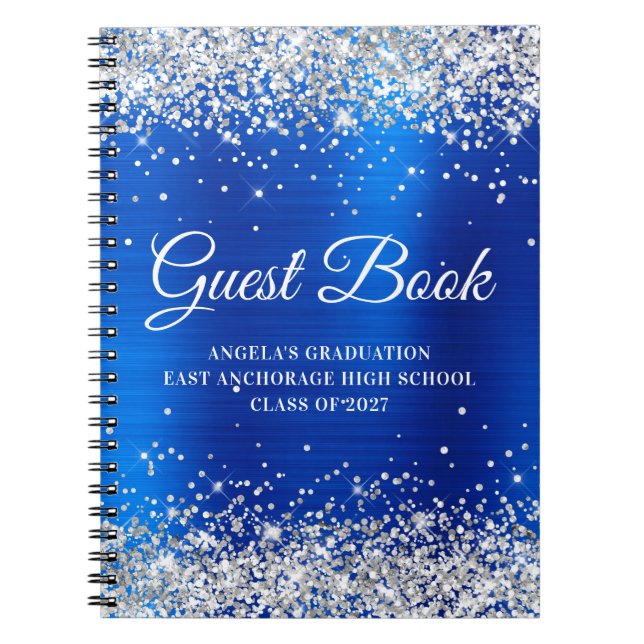 Cuaderno Invitado de graduación de papel de plata real azul (Frente)