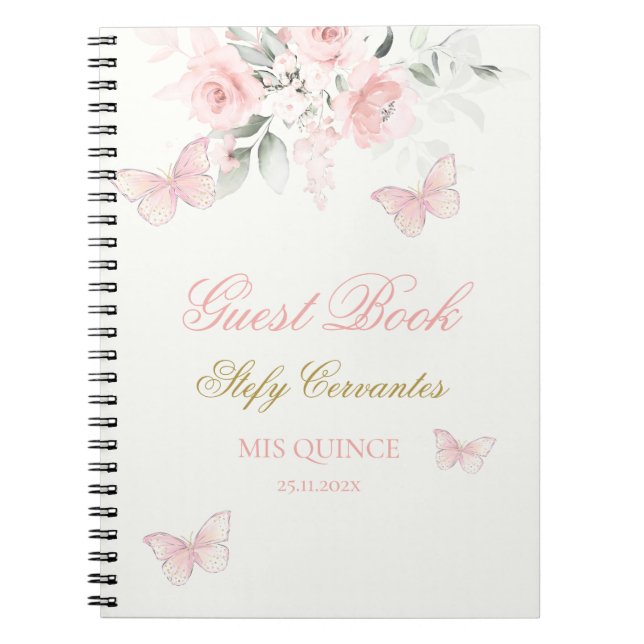 Cuaderno Invitado de la mariposa rosa Quinceañera (Frente)