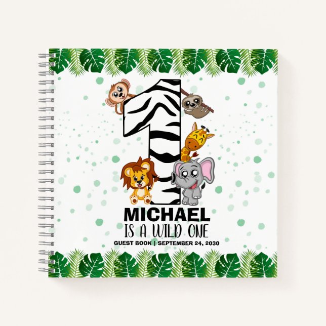 Cuaderno Invitado de primer cumpleaños de la Selva Safari O (Anverso)