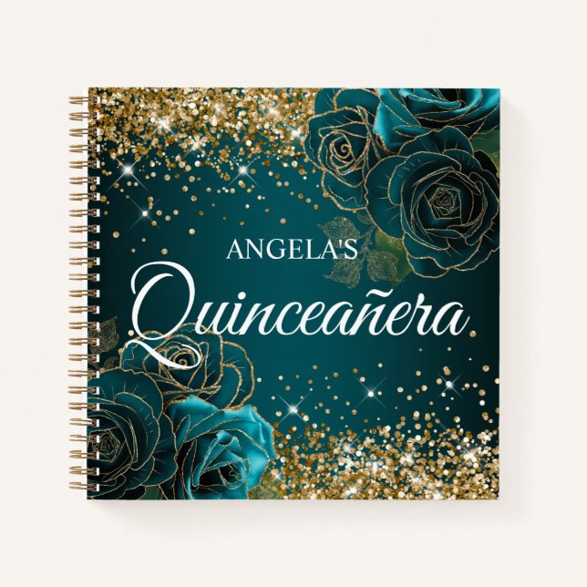 Cuaderno Invitado de Quinceanera, Purpurinoso de Rosas Verd (Anverso)