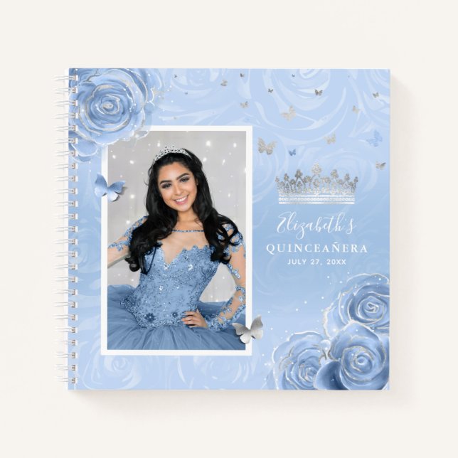 Cuaderno Invitado de Quinceanera: Rosas Blue Bebé Luz Plata (Anverso)