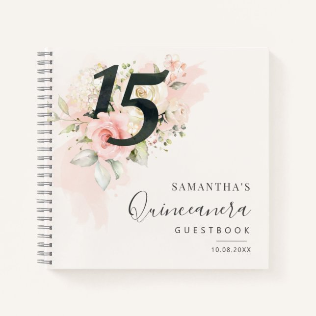 Cuaderno Invitado de Qunceanera con flores rosadas de cumpl (Anverso)