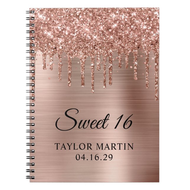 Cuaderno Invitado de Rosa Dorado Brillo Goteo Metálico Dulc (Frente)