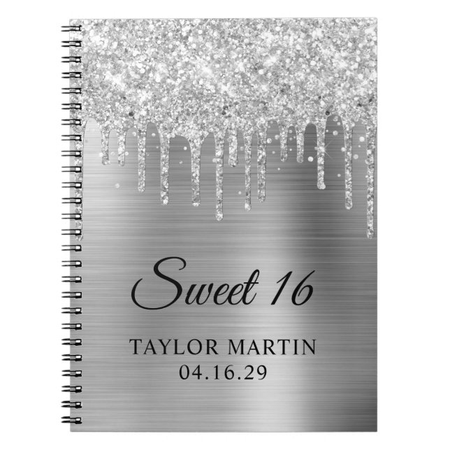 Cuaderno Invitado de Silver Glitter Drips Metallic Sweet 16 (Frente)