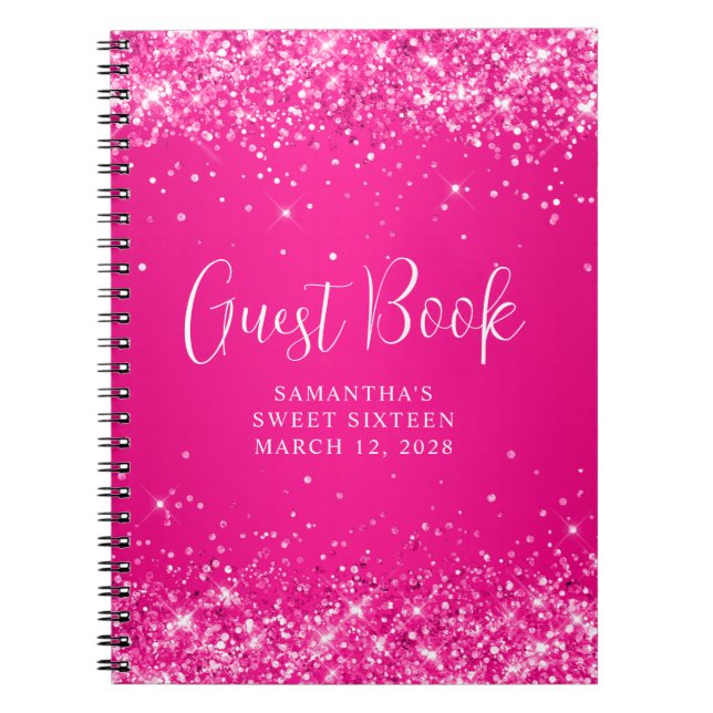 Cuaderno Invitado de Sweet 16 con brillo rosa caliente Ombr (Frente)