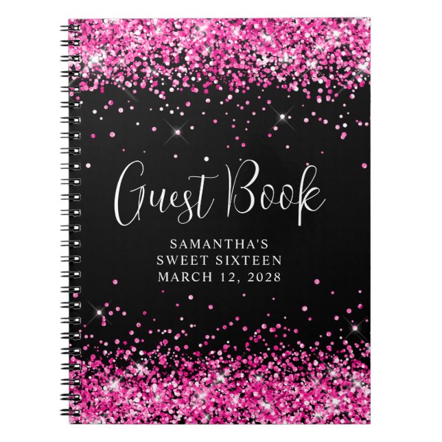 Cuaderno Invitado de Sweet 16 negro con brillo rosa intenso (Frente)