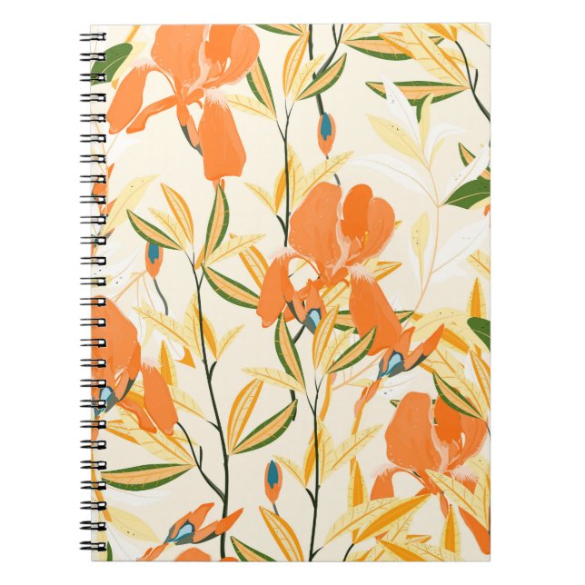 Cuaderno irisis naranja: patrón floral sin fisuras (Frente)