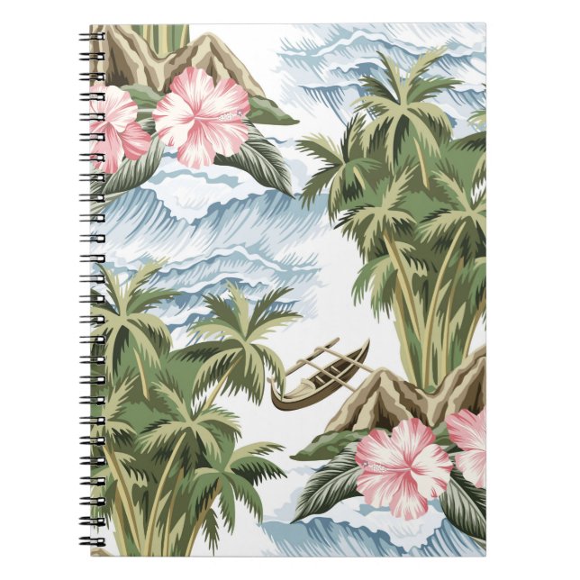 Cuaderno Isla de cosecha hawaiana, palmera, barco, rosa (Frente)