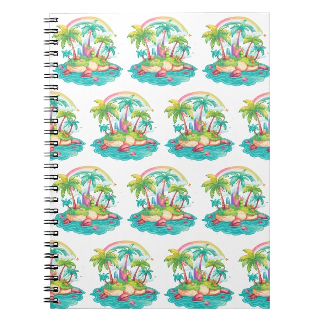 Cuaderno Isla tropical con palmeras y arcoiris (Frente)