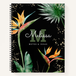 Cuaderno Isla Tropical Floral Black Gold Monograma Script