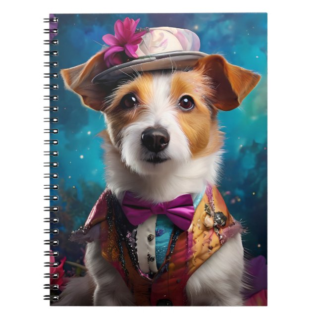 Cuaderno Jack Russell, gorra blanco, flor rosa (Frente)