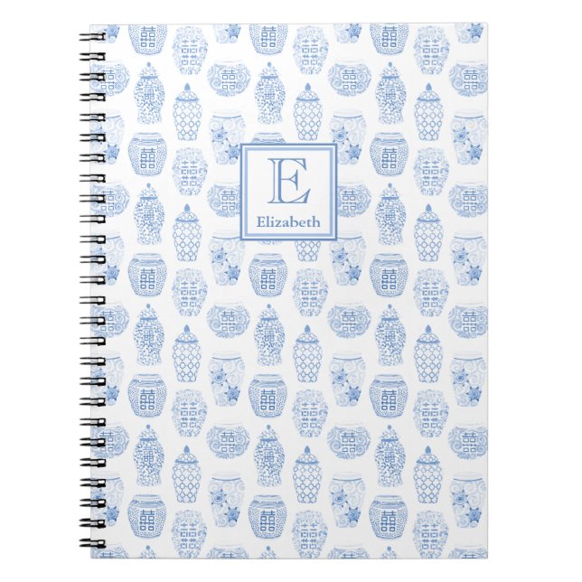 Cuaderno Jar De Jengibre Blanco Y Azul Monogramado (Frente)
