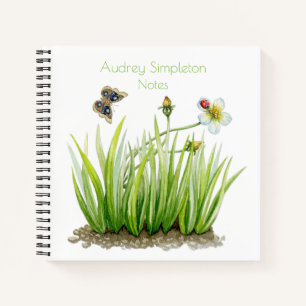 Cuaderno Jardín de acuarela Flor Mariposa Césped Cuadrado  