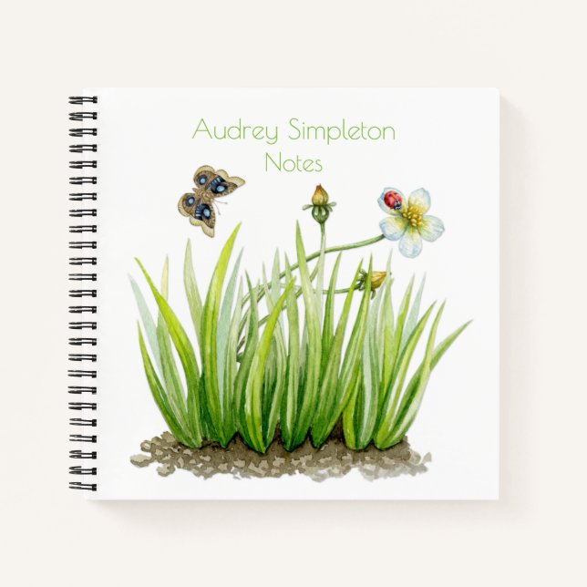Cuaderno Jardín de acuarela Flor Mariposa Césped Cuadrado | (Anverso)