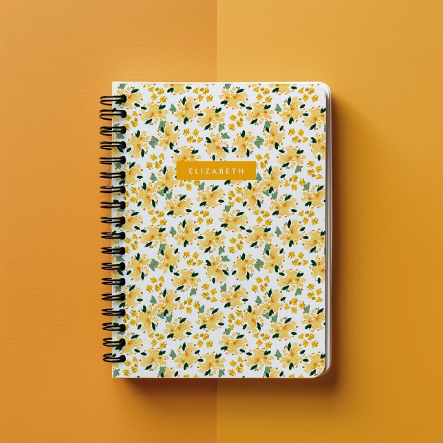 Cuaderno Jardín Floral Acuarela Amarillo Personalizado (Yellow watercolor floral garden personalized notebook.)