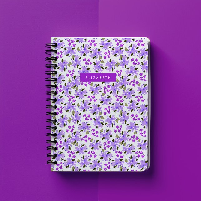 Cuaderno Jardín Floral Acuarela Púrpura Personalizado (Purple watercolor floral garden personalized notebook.)