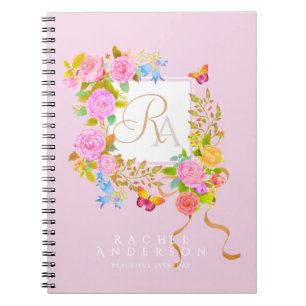 Cuaderno Jardín florecido romántico Monograma Amarillo
