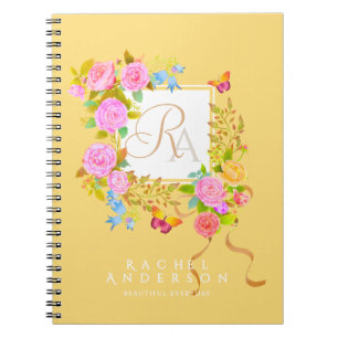 Cuaderno Jardín floreciendo romántico Monograma Dorado Amar