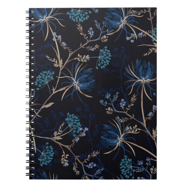 Cuaderno Jardín oscuro: Floral azul monotónica (Frente)
