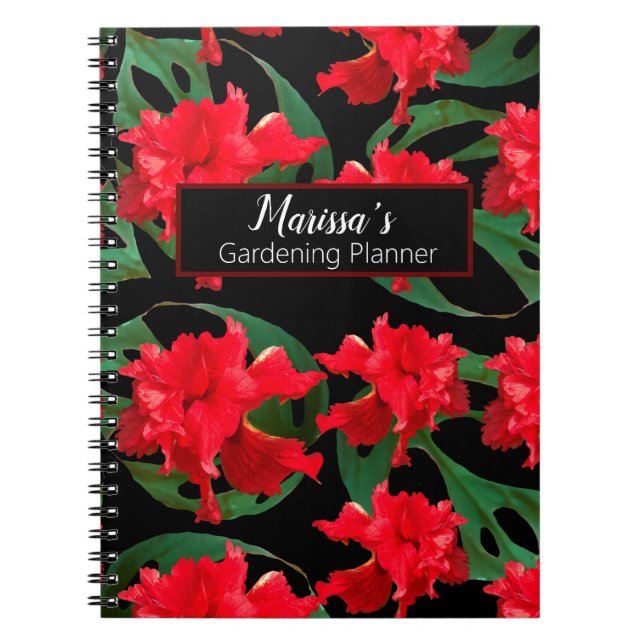 Cuaderno Jardinero Hibisco Monstera Patrón Negro Rojo (Frente)