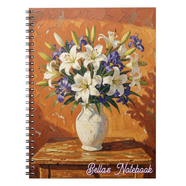 Cuaderno Jarrón con lirios y flores de iris personalizadas (Frente)