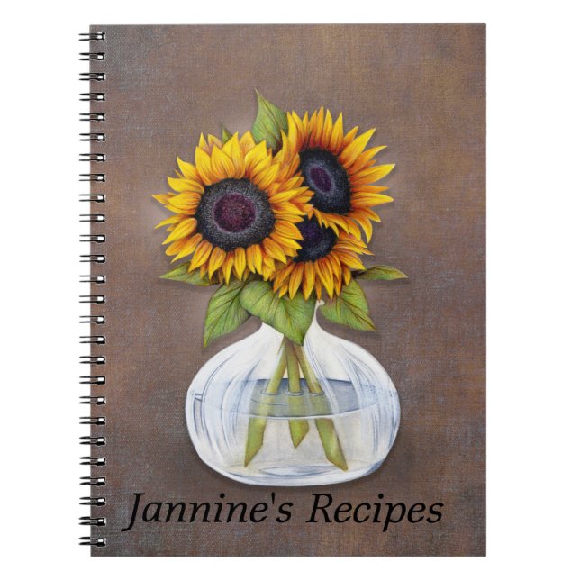 Cuaderno Jarrón de hermosos girasoles sobre marrón rústico (Frente)