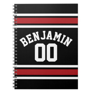 Cuaderno Jersey deportivo negro y rojo con nombre y número 