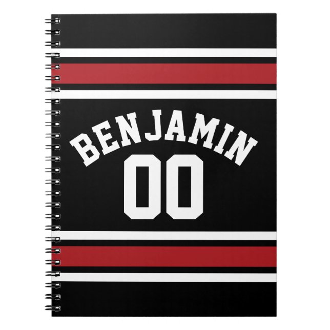 Cuaderno Jersey Deportivo Negro y Rojo con Nombre y Número  (Frente)