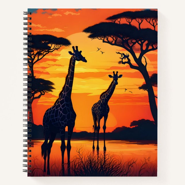 Cuaderno jirafas en el agujero de agua al atardecer (Anverso)