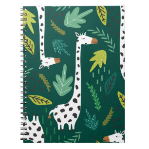 Cuaderno jirafas, hojas, fondo dibujado a mano. Colorido