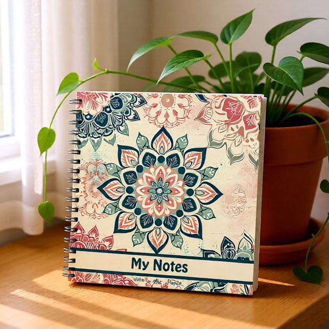 Cuaderno JOURNAL Pastel Mandala portátil personalizado (Boho Mandala Floral Notes – Vintage Teal & Blush Notebook)