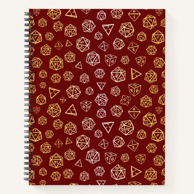 Cuaderno Jugador de dados rojos y dorados d20 (Anverso)