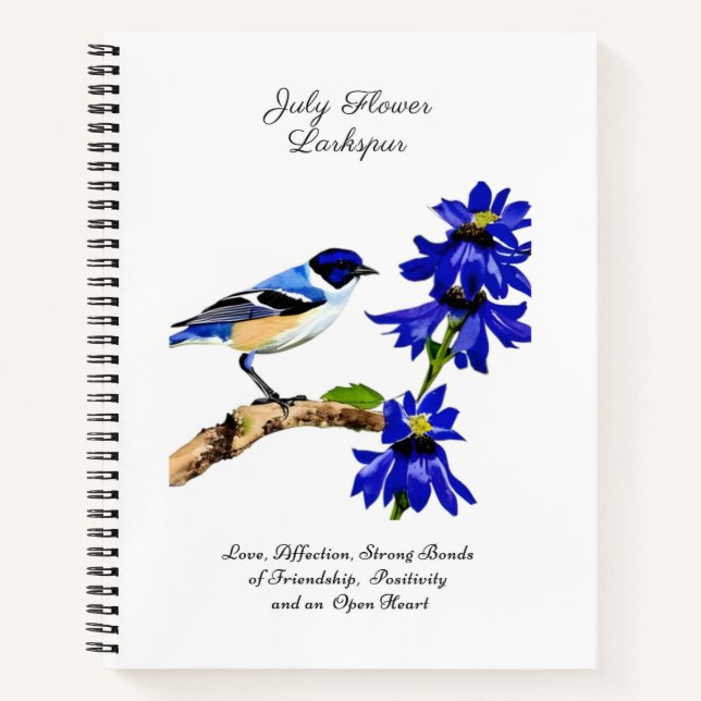 Cuaderno Julio Mes de Nacimiento Flor Pájaro Azul y Larkspu (Anverso)
