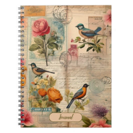 Cuaderno Junk Journal Seite mit Blumen + Vögel - 