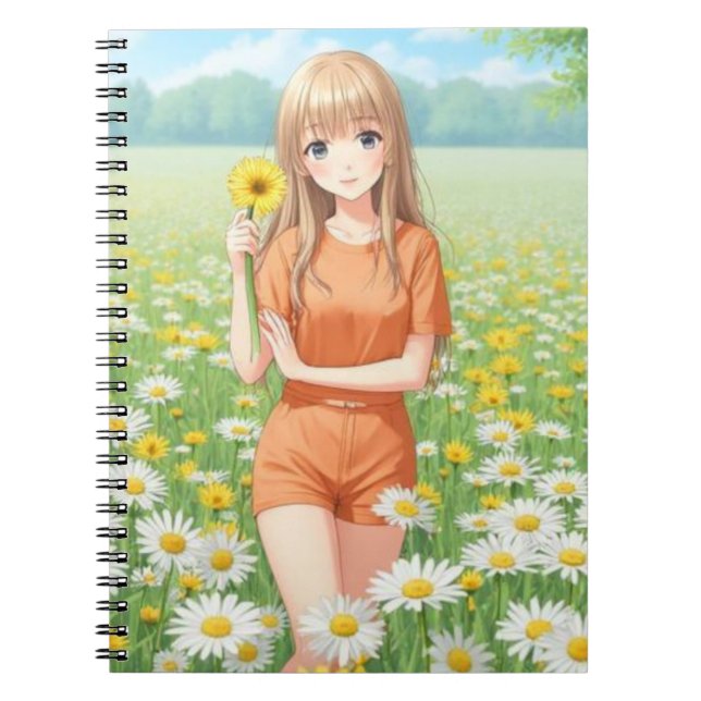 Cuaderno Kawaii Anime Girl in Daisy Garden (Frente)
