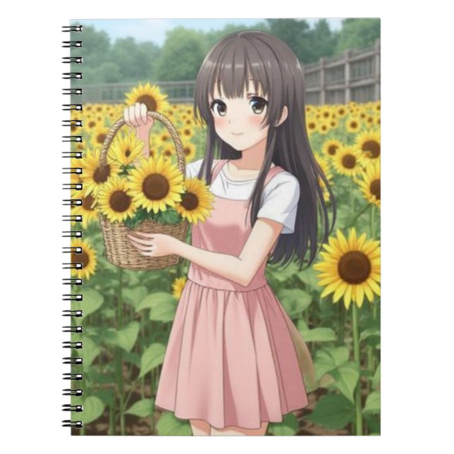 Cuaderno Kawaii Anime Girl in Sunflower Garden (Frente)