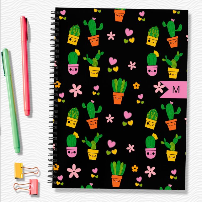Cuaderno Kawaii Cactus Monograma Bloc de espiral negra (Subido por el creador)