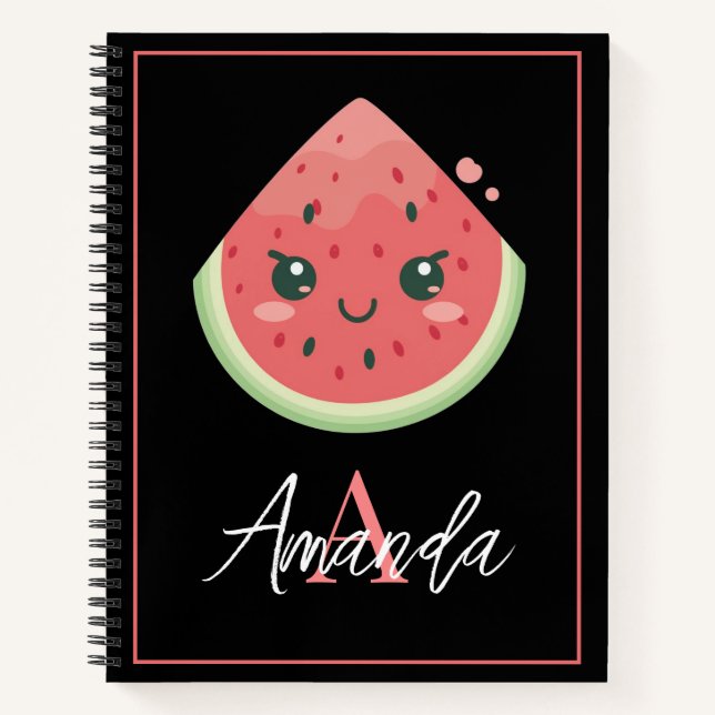 Cuaderno Kawaii Green & Black Watermelon Slice Monogramado (Anverso)