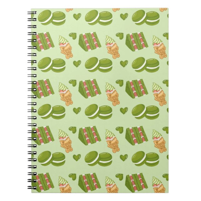 Cuaderno Kawaii Hand-Drawn Matcha Sweets Seamless Pattern (Frente)