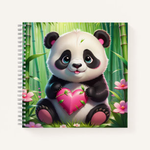 Cuaderno Kawaii Panda sosteniendo el corazón en un bosque d