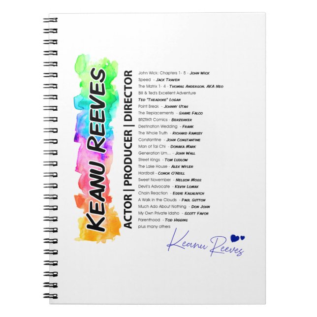 Cuaderno Keanu colorido con caracteres de título y película (Frente)