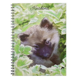 Cuaderno Keeshond Puppy en el jardín pintando arte original