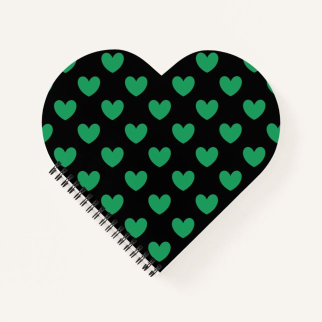 Cuaderno Kelly verde polka corazones sobre negro (Anverso)
