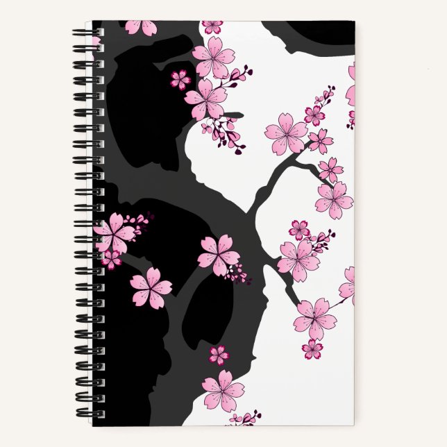 Cuaderno Kimono japonés Sakura negro y rosa blanco (Anverso)