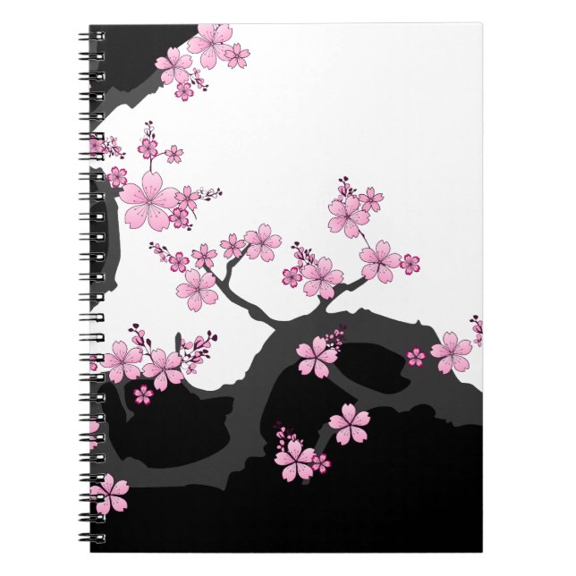 Cuaderno Kimono japonés Sakura negro y rosa blanco (Frente)