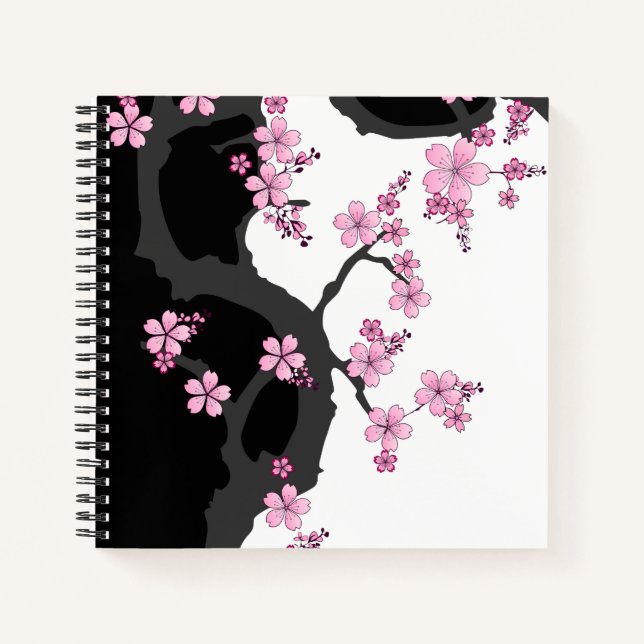 Cuaderno Kimono japonés Sakura negro y rosa blanco (Anverso)