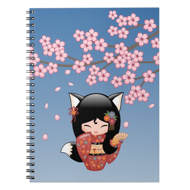 Cuaderno Kitsune Kokeshi Doll - Chica negro Fox Geisha (Frente)