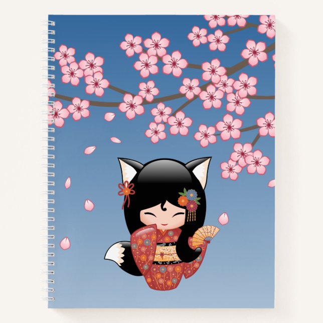 Cuaderno Kitsune Kokeshi Doll - Chica negro Fox Geisha (Anverso)