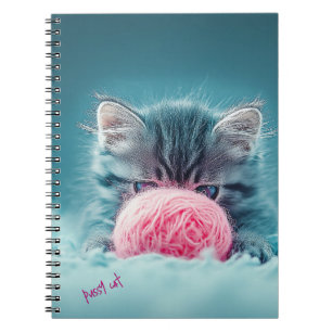 Cuaderno Kitten lindo jugando con bolas de lana rosada